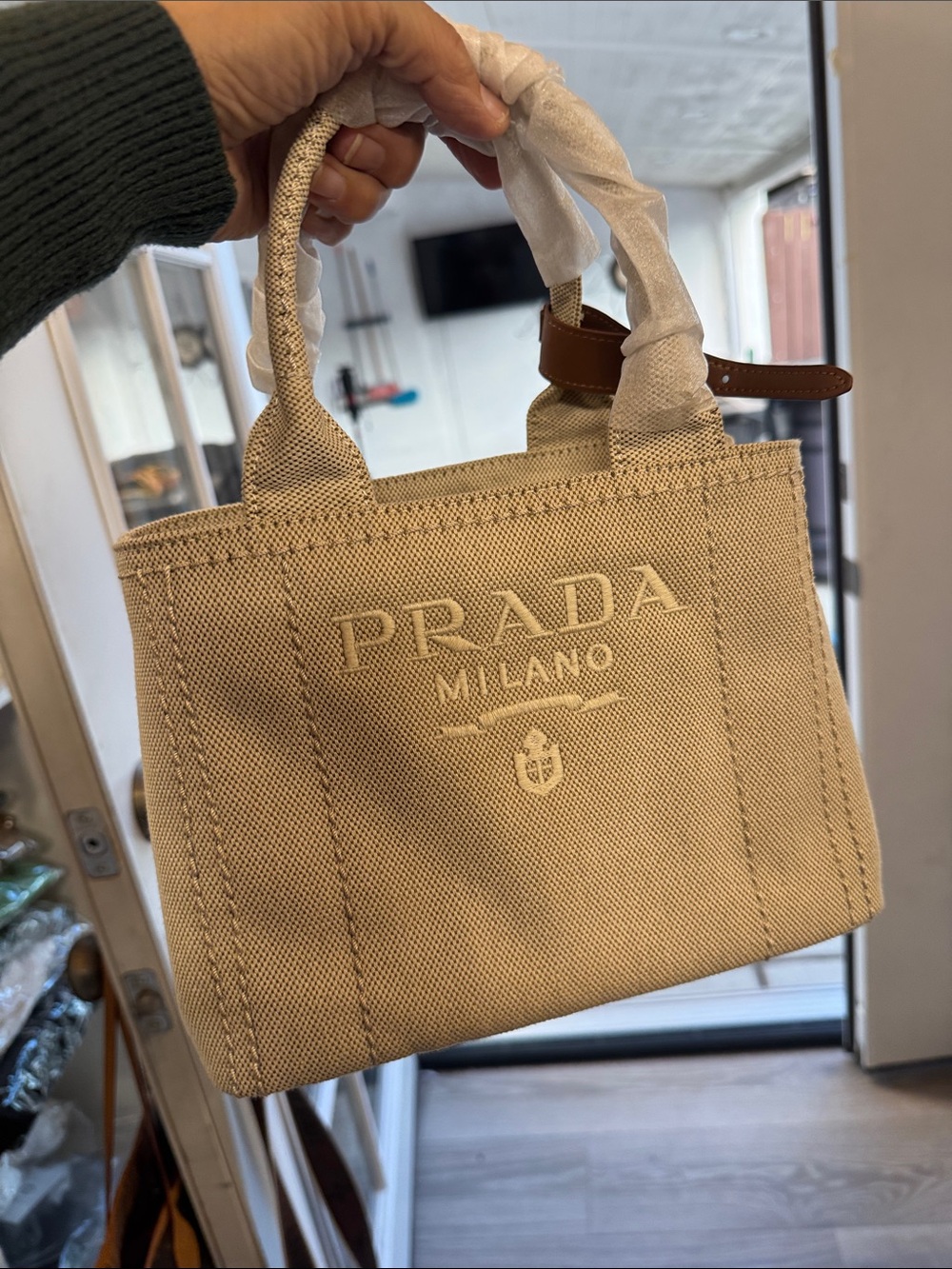 Beige Canvas Tote with Tonal Logo
